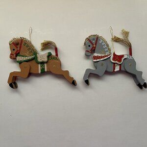 Seasons Greetings Ornaments Wooden Horses Made Taiwan Set Of 2 Vintage